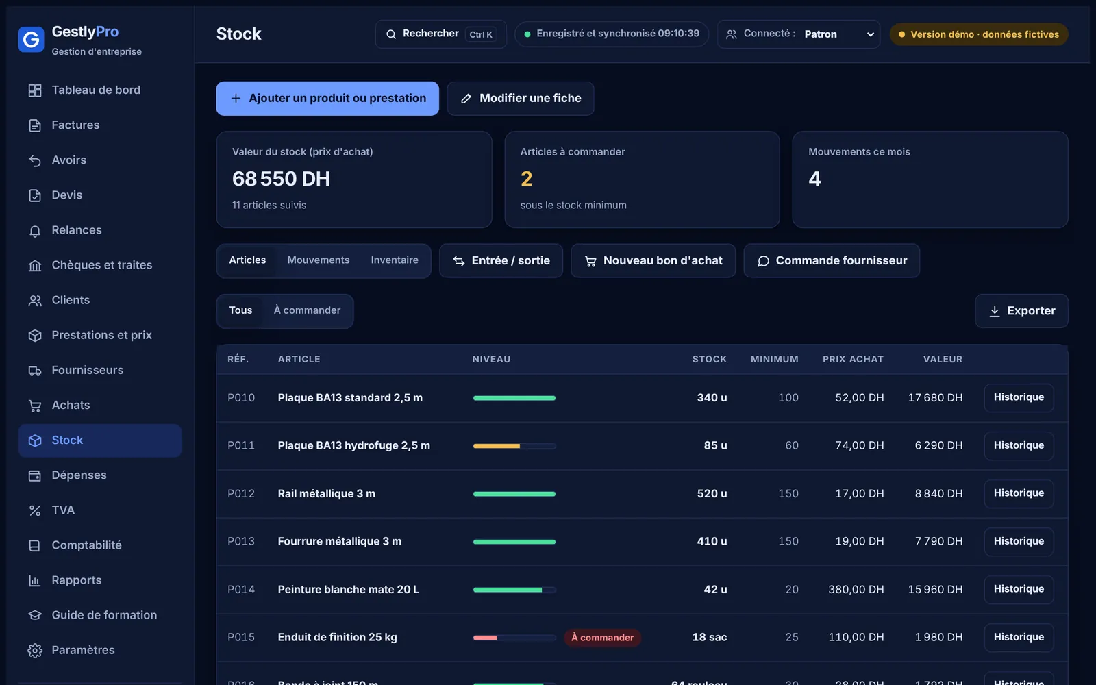 Achats et stock — GestlyPro Gestion